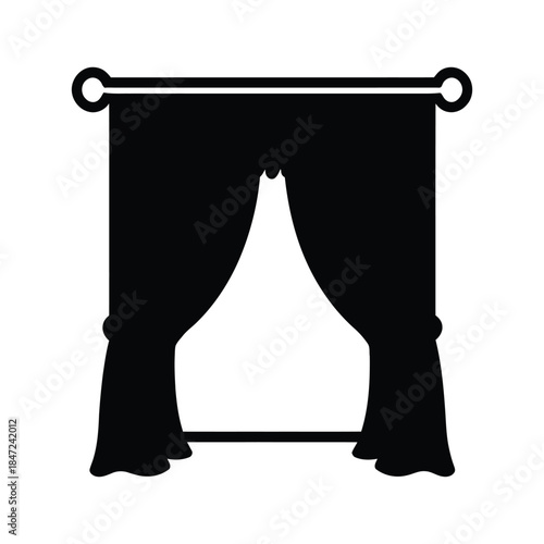 Simple black silhouette shows luxurious curtain and rod against a white background