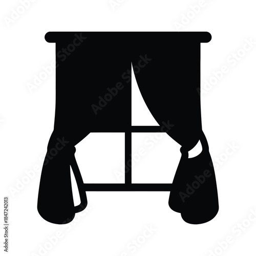 Simple black silhouette window with curtain icon isolated on white background