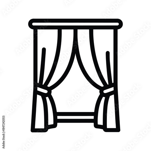Simple curtains hang in black line art style on white background