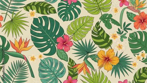 A vibrant pattern featuring various green tropical leaves like monstera, banana, palm, and fern on a clean white background.
