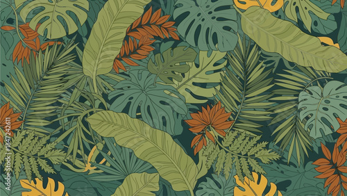 A vibrant and detailed illustration of a tropical jungle pattern with various green leaves and orange flowers, creating a lush botanical background.