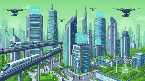 A vibrant illustration of a futuristic smart city with high-speed trains, drones, green buildings, and renewable energy infrastructure, depicting urban innovation and sustainability.
