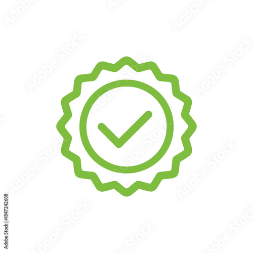 Green check mark appears within a circular seal on a white background