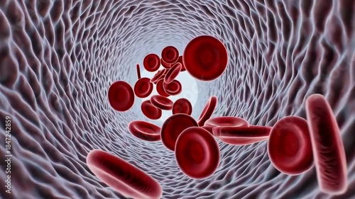 Microscopic view of red blood cells flowing through a human blood vessel, showing plasma movement and cellular circulation. Ideal for medical, healthcare, and biology visuals.
