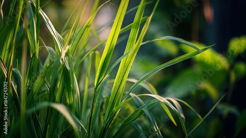 Close-up of Lush Green Grass Blades Illuminated by Golden Sunlight.