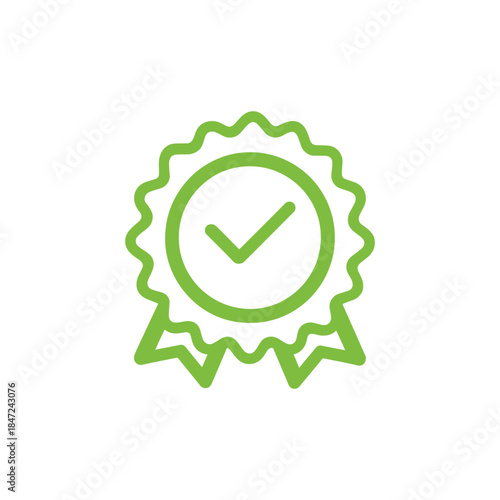 Green ribbon rosette with a check mark signifies approval with transparent background