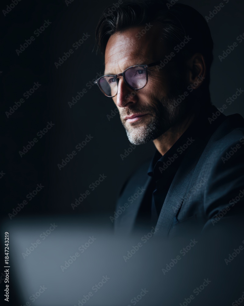 Fototapeta premium confident professional portrait working on laptop, business lifestyle mood
