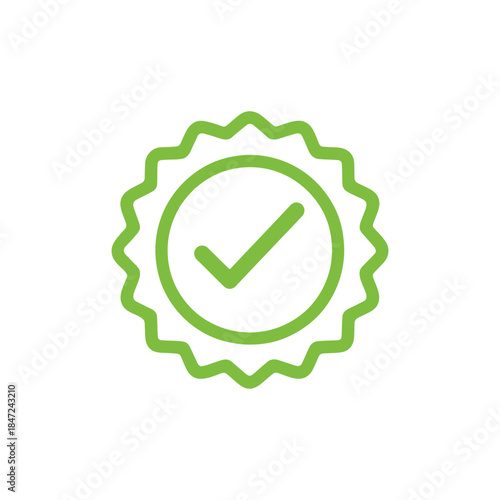 Light green tick inside jagged circle suggests quality approval; background transparent