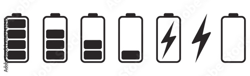 Monochrome Battery Charge Level Indicator Icons, a minimal vector set including battery levels, low power warnings, and charging signs for mobile applications