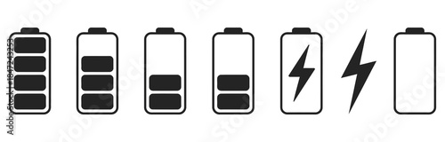 Monochrome Battery Charge Level Indicator Icons, a clean vector collection featuring various power levels, critical low alerts, and charging symbols ideal for mobile