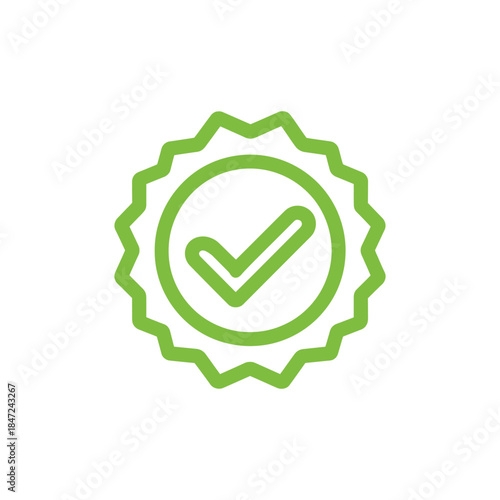 Simple green check mark inside a badge shaped rosette with transparent background