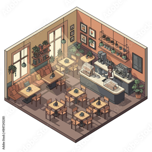 Isometric View of Modern Coffee Shop Interior.