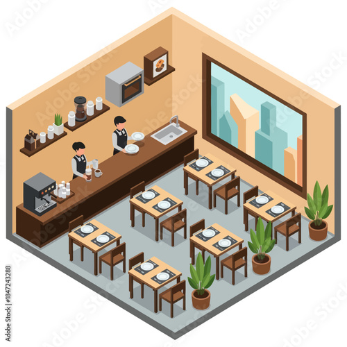 Isometric Restaurant Interior with Staff Serving.
