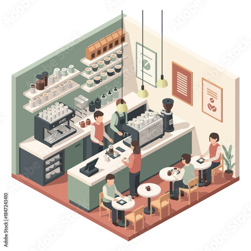 Coffee Shop Interior with People Isometric View.