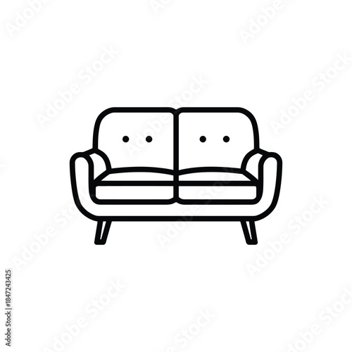 A simple black outline drawing of a small loveseat on white background