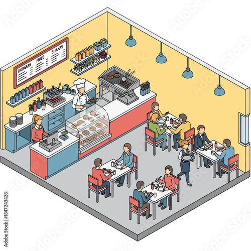 Illustration of People Dining in Restaurant.