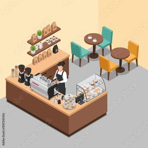 Isometric Coffee Shop with Barista Serving.