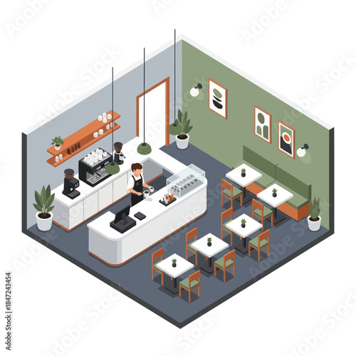 Isometric View of Modern Coffee Shop Interior.