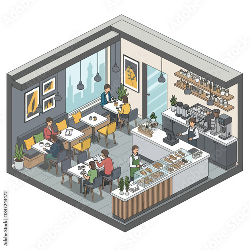 Isometric View of Modern Coffee Shop Interior.