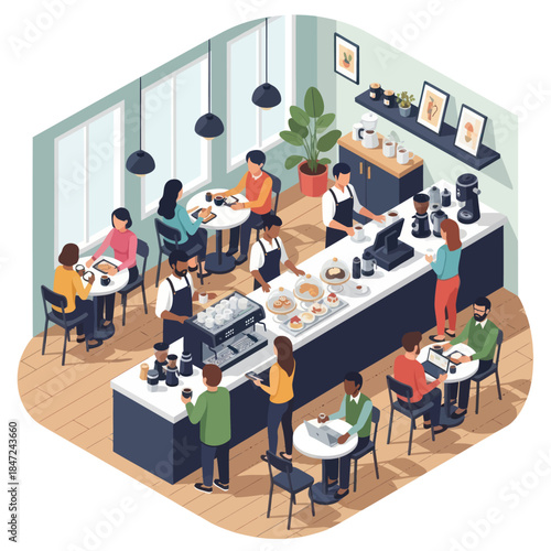 Busy Coffee Shop with Customers and Staff.