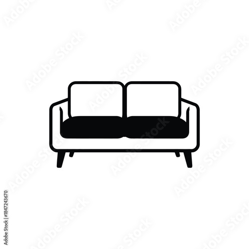 art shows a modern black couch in simple, clean lines on white background