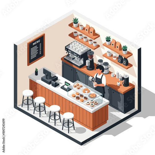 Isometric Coffee Shop Interior with Barista.