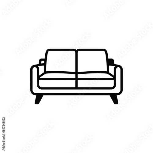 Black line art sofa with two seats on a white background is displayed