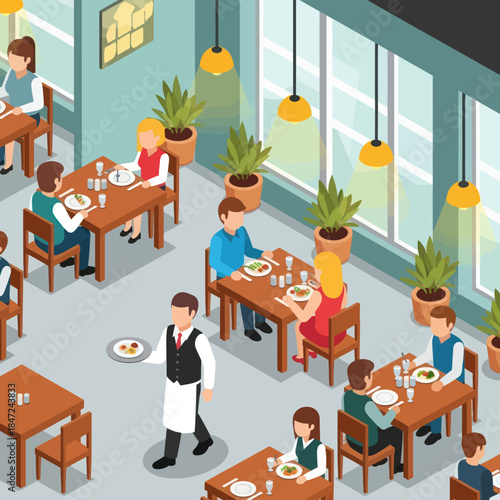 Restaurant Scene with Waiter Serving Customers.