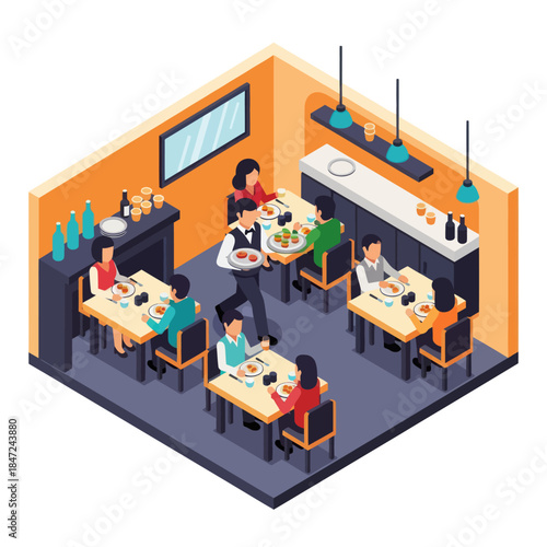 Restaurant Scene with Waitress Serving Customers.