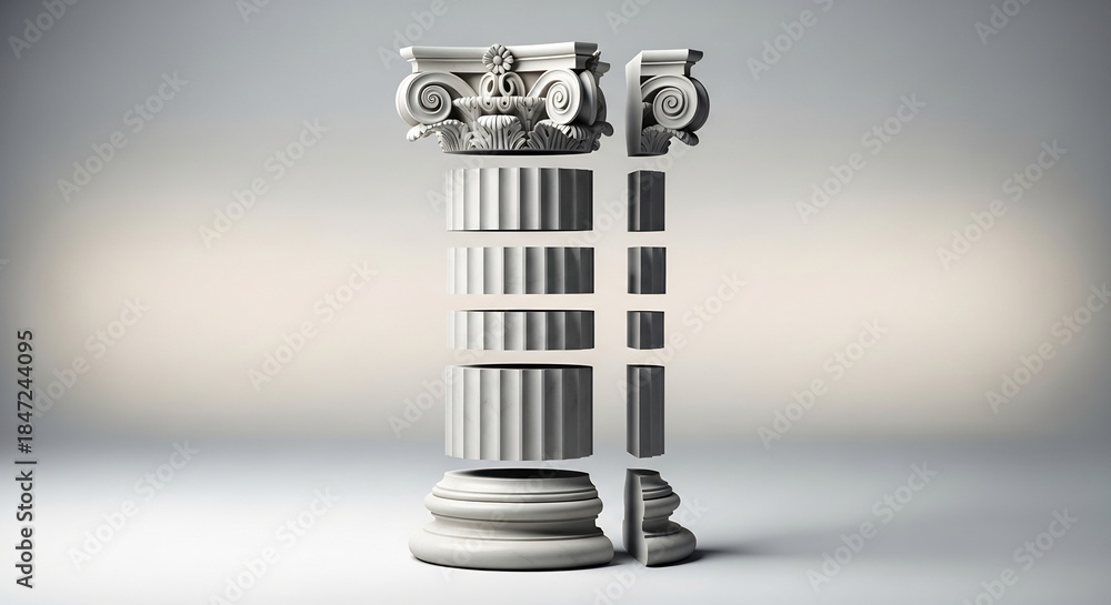 Naklejka premium White classical column disassembled into capital fluted shaft sections and base on a grey background with a crosssection