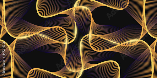 Abstract luxury with shining gold lines waves on black background. Futuristic background of flowing gold lines for banner, poster, cover, brochure, flyer, website