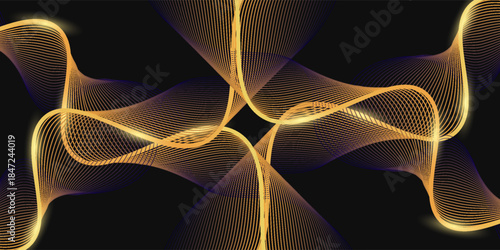 Abstract luxury with shining gold lines waves on black background. Futuristic background of flowing gold lines for banner, poster, cover, brochure, flyer, website