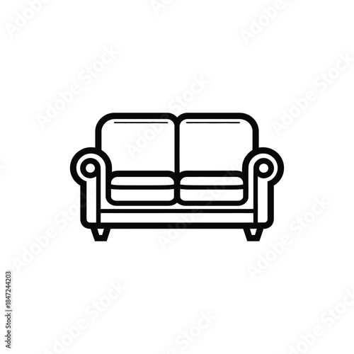Black outlined loveseat has a minimalistic style on a white background icon