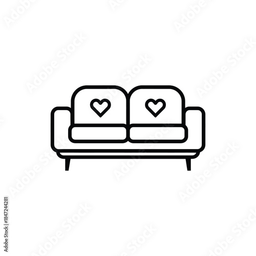 Double sofa with heart symbols offers comfortable seating on white background