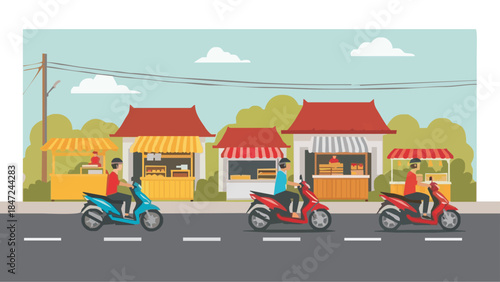 Vector illustration of motorcyclists riding scooters on a street lined with traditional food stalls. A busy urban scene featuring Southeast Asian traffic and roadside vendors.