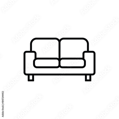 Minimalist black outline displays a compact, comfortable sofa with cushioned seats on white background