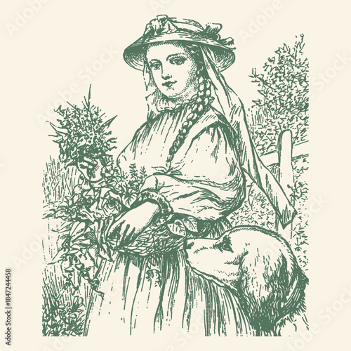 Victorian Lady in Bonnet with Dog and Flowers Engraving