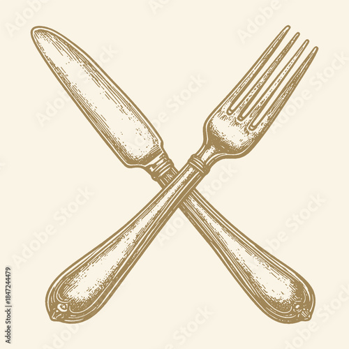 Vintage Engraved Crossed Knife and Fork Cutlery