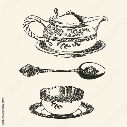 Vintage Engraved Tea Set with Teapot Cup and Spoon