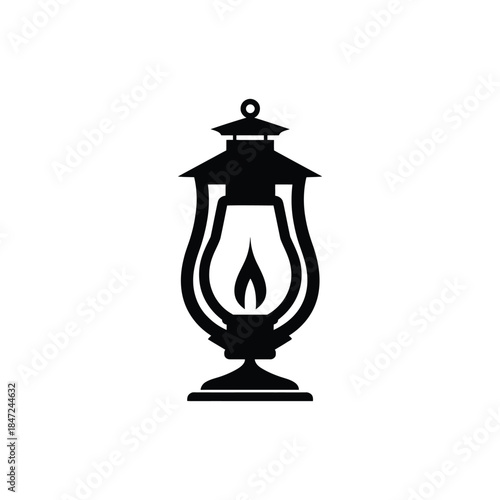 Silhouette of an antique lantern with a bright flame on white background