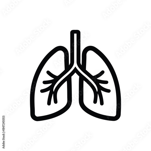 Black line art presents human lungs against a white background in anatomical simplicity