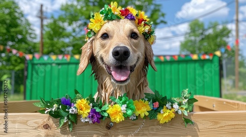 Golden Retriever Dog Enjoys Outdoor Bath With Floral Crown in Sunny