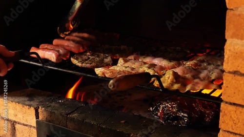 Grilled pork sausages. BBQ and grilling. Meat snacks and food. 4k footage