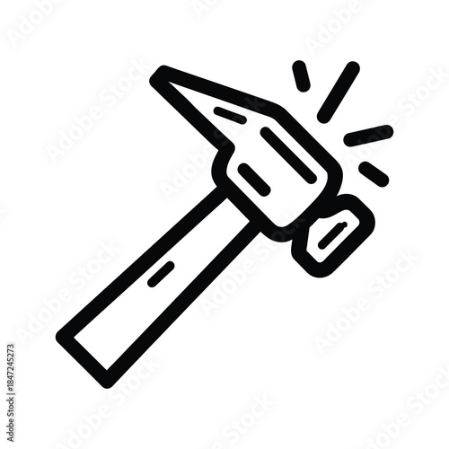 A black outline drawing shows a carpenter's hammer with light emanating from its head on white background