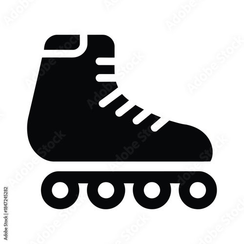 A black retro roller skate with wheels is featured on a white background
