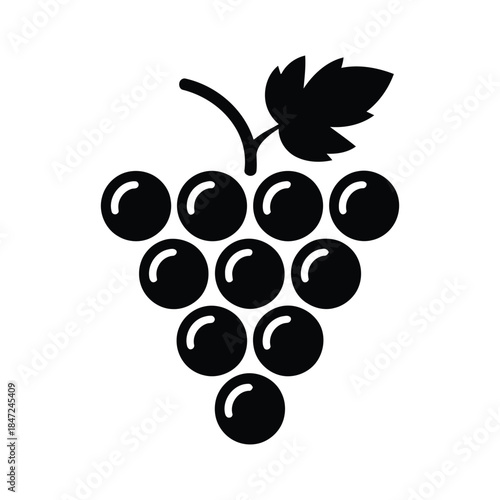 A simple black cluster of grapes showing the leaf isolated on white background