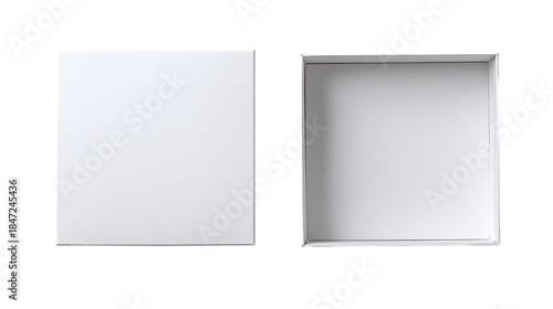 Flat lay of white rectangle gift box, open and closed states , top view transparent background
