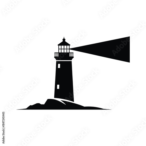 A solid black lighthouse stands proudly on rocks with a bright beam on white background