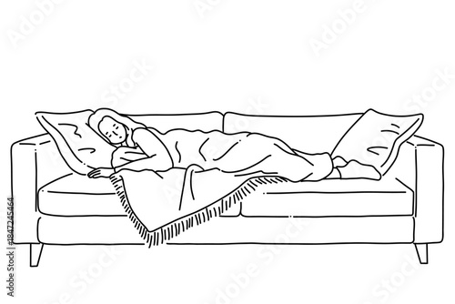 ソファで眠っている女性の手描き線画イラスト