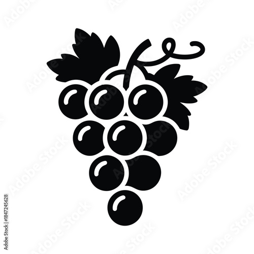 Black grapes silhouette shows the fruit with leaves on a white background